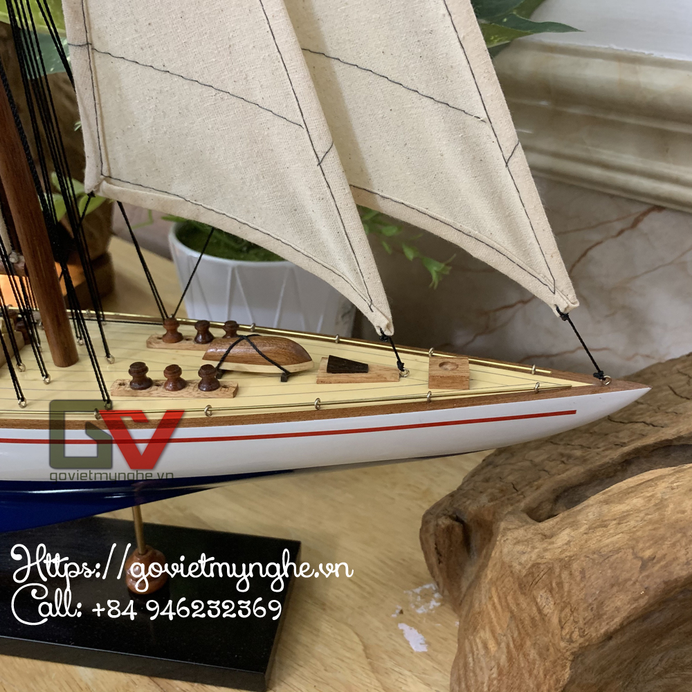 Mô hình thuyền gỗ trang trí du thuyền gỗ J Endeavour - Thân tàu dài 50cm - Sơn màu Trắng/Xanh