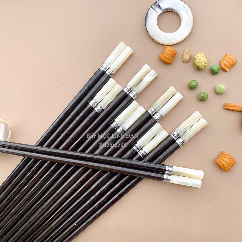 Đũa Cao Cấp Gỗ Trắc Đầu Ốc Biển Đai Bạc HAHANCO Bộ 10 Đôi Tròn
