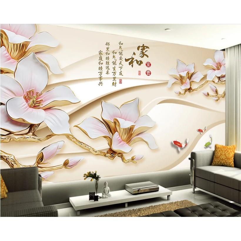 Tranh dán tường Hoa 3D - vải lụa phủ kim sa