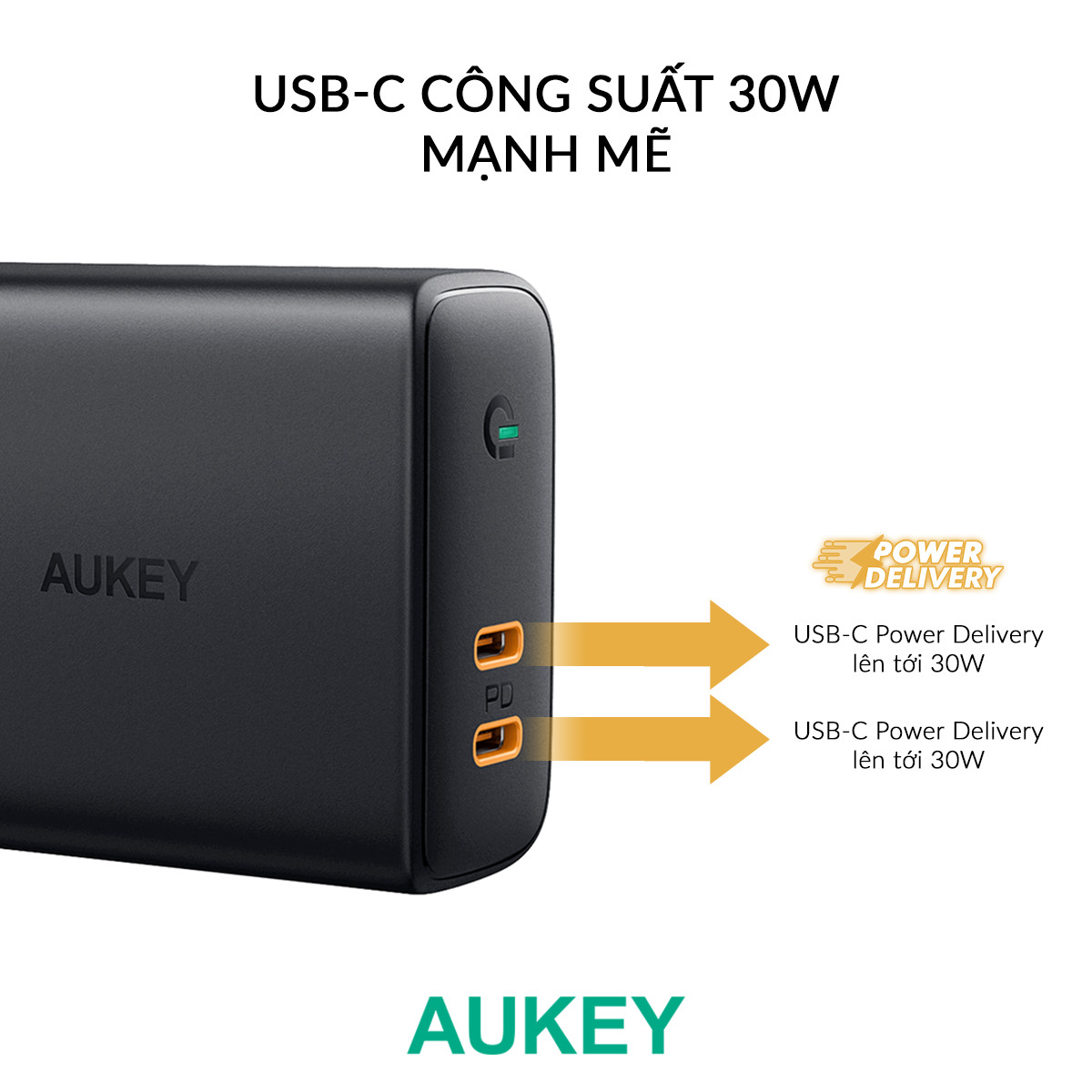 Cốc Sạc 2 Cổng Type C AUKEY PA-D2 Power Delivery 30W Tích Hợp Công Nghệ Dynamic Detect  - Hàng Chính hãng