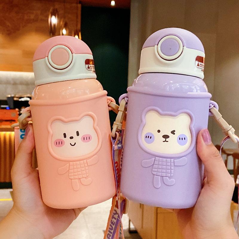 Mới Hoạt Hình Dễ Thương Gấu Giữ Nhiệt Bình Nước Có Ống Hút Dây Đeo Trẻ Em Bình Giữ Nhiệt Chân Không Thép Không Gỉ Trà Ly Bé Trường Nữ Sinh chai