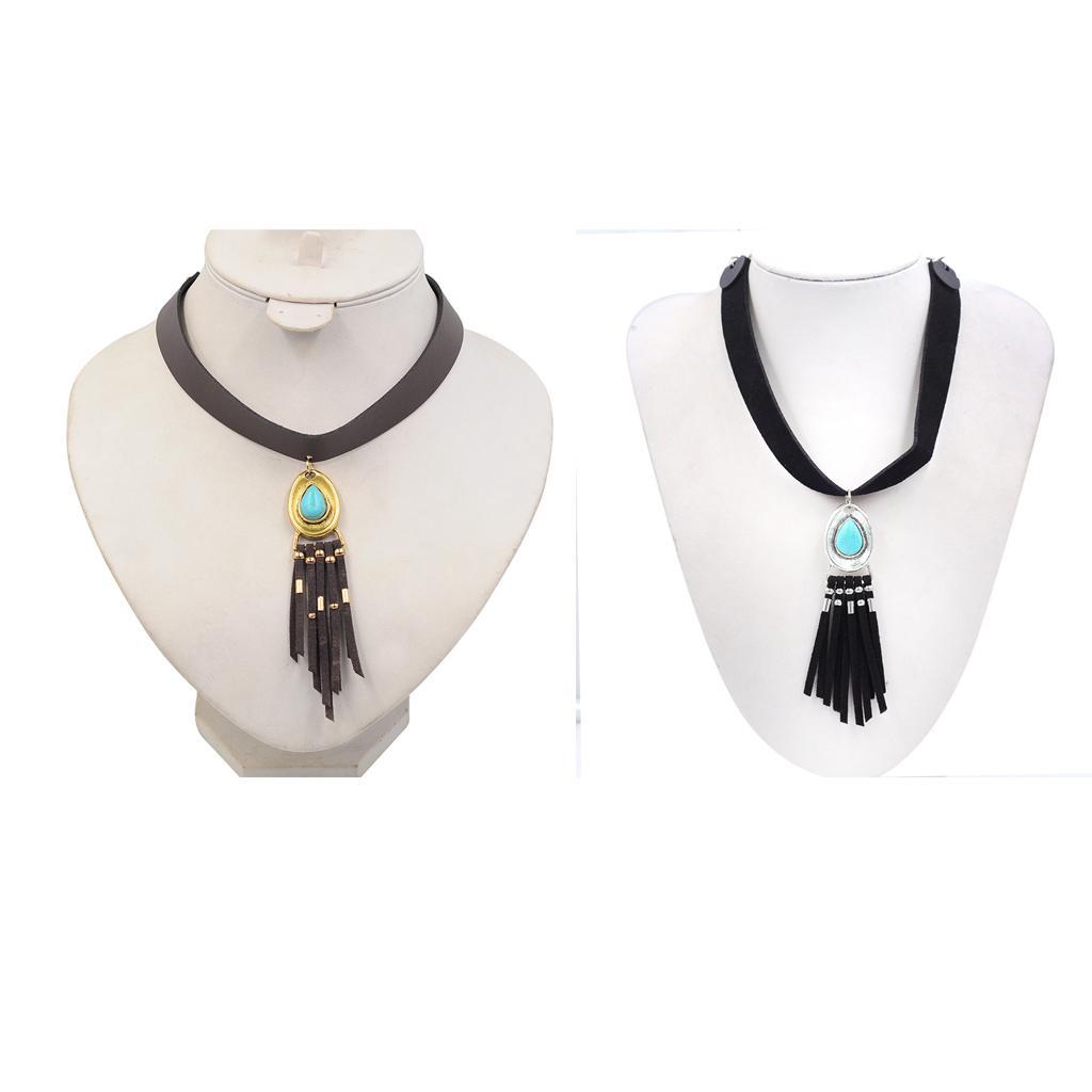 Women Bohemian PU Leather Choker Necklace Charm Pendant with Tassels