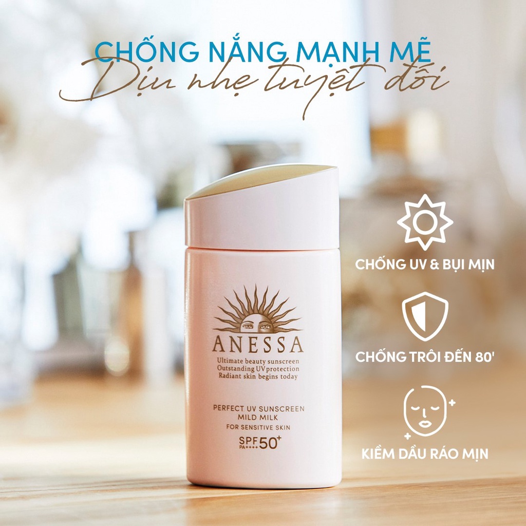 [ANESSA] Sữa Chống Nắng Cho Da Dầu Mụn Nhạy Cảm Và Trẻ Em Dịu Nhẹ SPF50+ PA++++ Perfect UV Sunscreen Mild Milk (60ml)