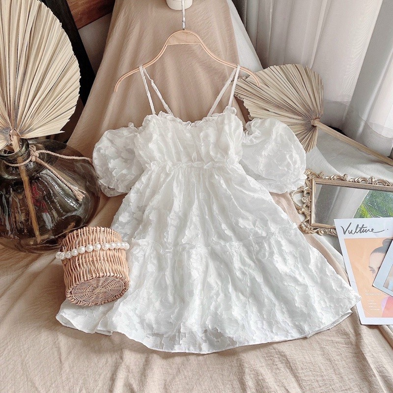 Đầm babydoll 2 dây rớt vai hoa nổi tay bồng Cao Cấp hàng loại 1, màu trắng Ulzzang ren mây dáng xòe, cute dễ thương