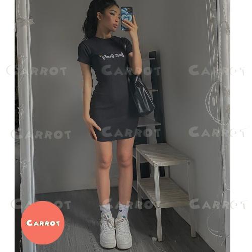 Đầm body ôm tay ngắn đen trắng thêu thun co giãn thiết kế carrotxinhdep