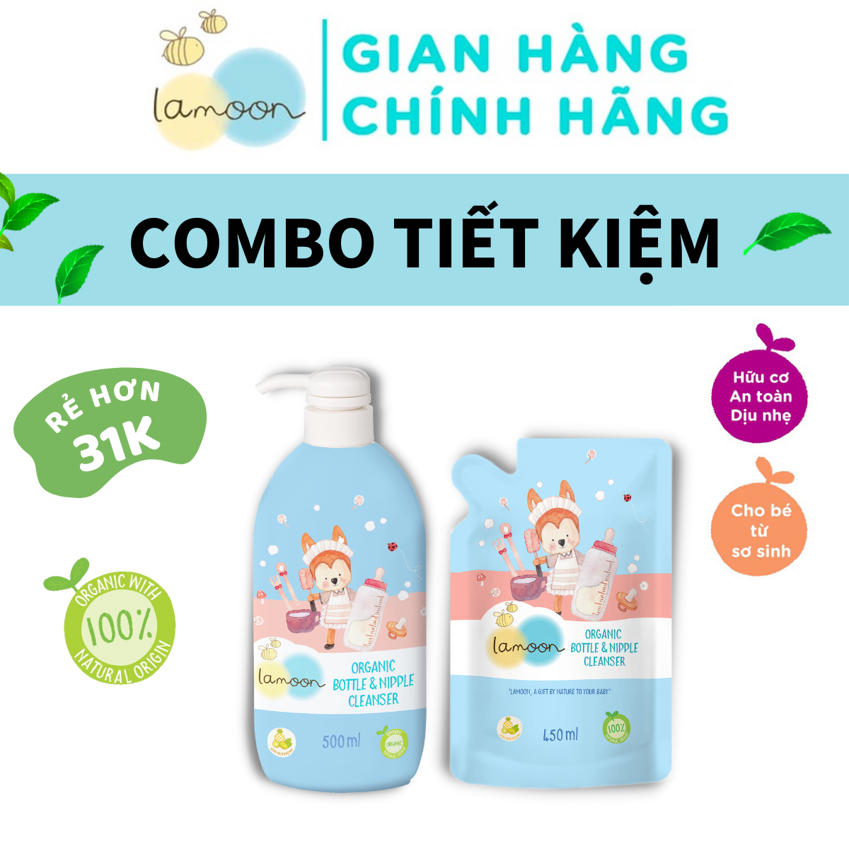 COMBO Nước rửa bình sữa Organic an toàn cho bé Lamoon dạng Bình 500ml + Túi refll 450ml