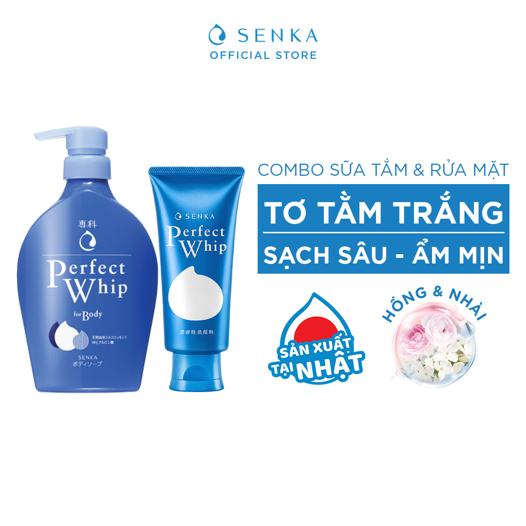 Combo Sữa tắm dưỡng ẩm Senka Perfect Whip 500ml và Sữa rửa mặt sạch ẩm mịn tự nhiên với bọt tơ tằm trắng Perfect Whip 120g