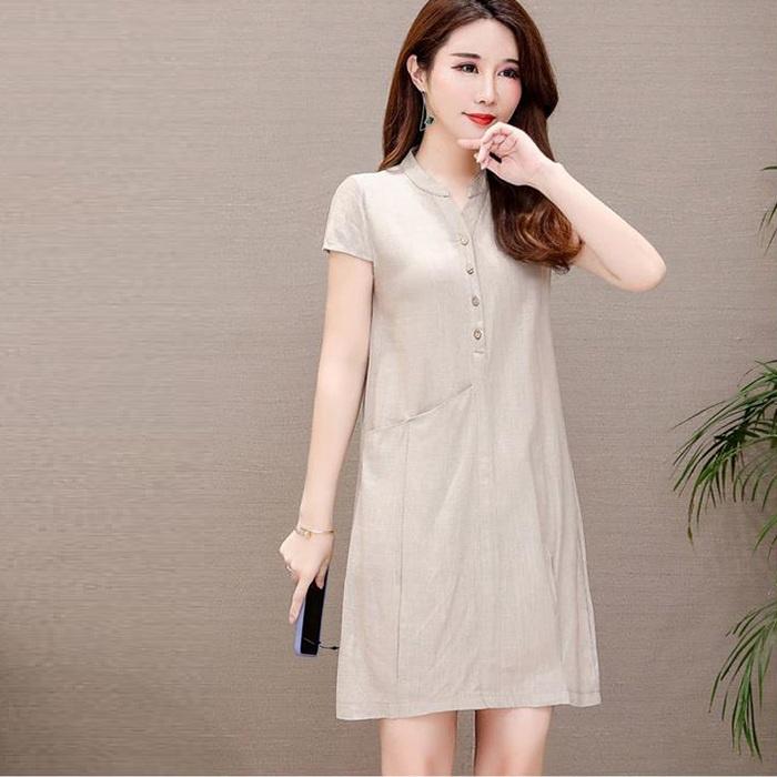 Đầm suông linen cổ bộ trụ, thời trang phong cách Hàn Quốc