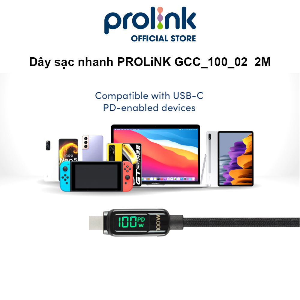 Dây sạc type C To C PROLiNK GCC_100_02 dài 2M, sạc siêu nhanh 100W, màn hình Led, dành cho Tablet, Macbook, Laptop - Hàng chính hãng