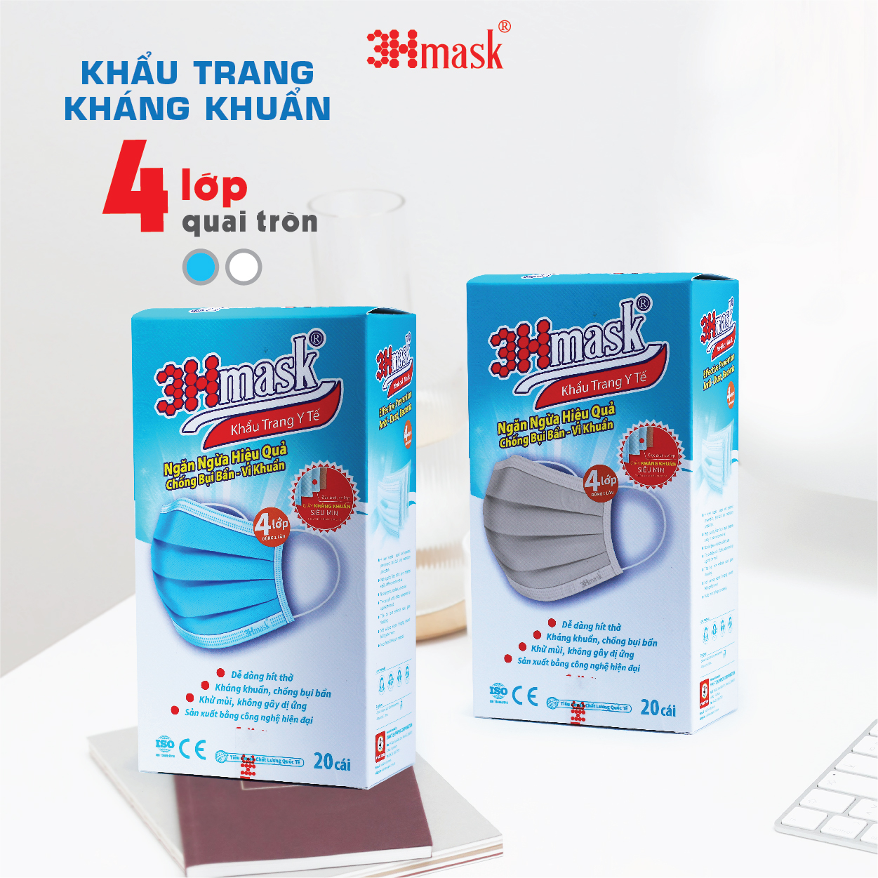 Khẩu Trang 3Hmask 4 Lớp Quai Tròn Xanh (20 cái)