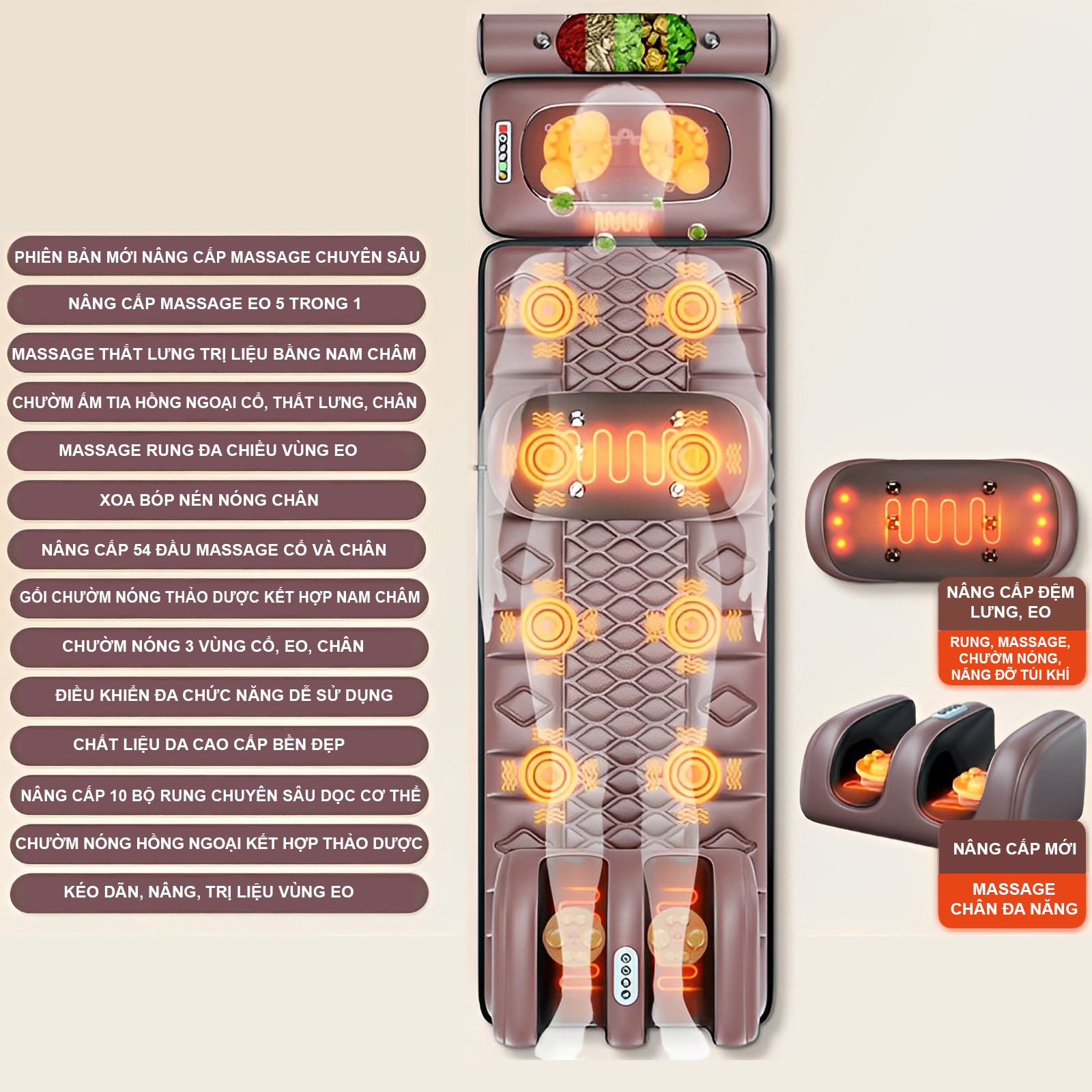 Đệm/Nệm massage toàn thân đa năng cao cấp KASOMA sưởi hồng ngoại có điều khiển Tiếng Việt, Đệm massage trị lưng chườm, bi nam châm