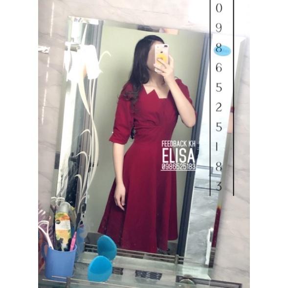 Đầm nhung đỏ đô xoè cổ cách điệu dáng dài 105cm