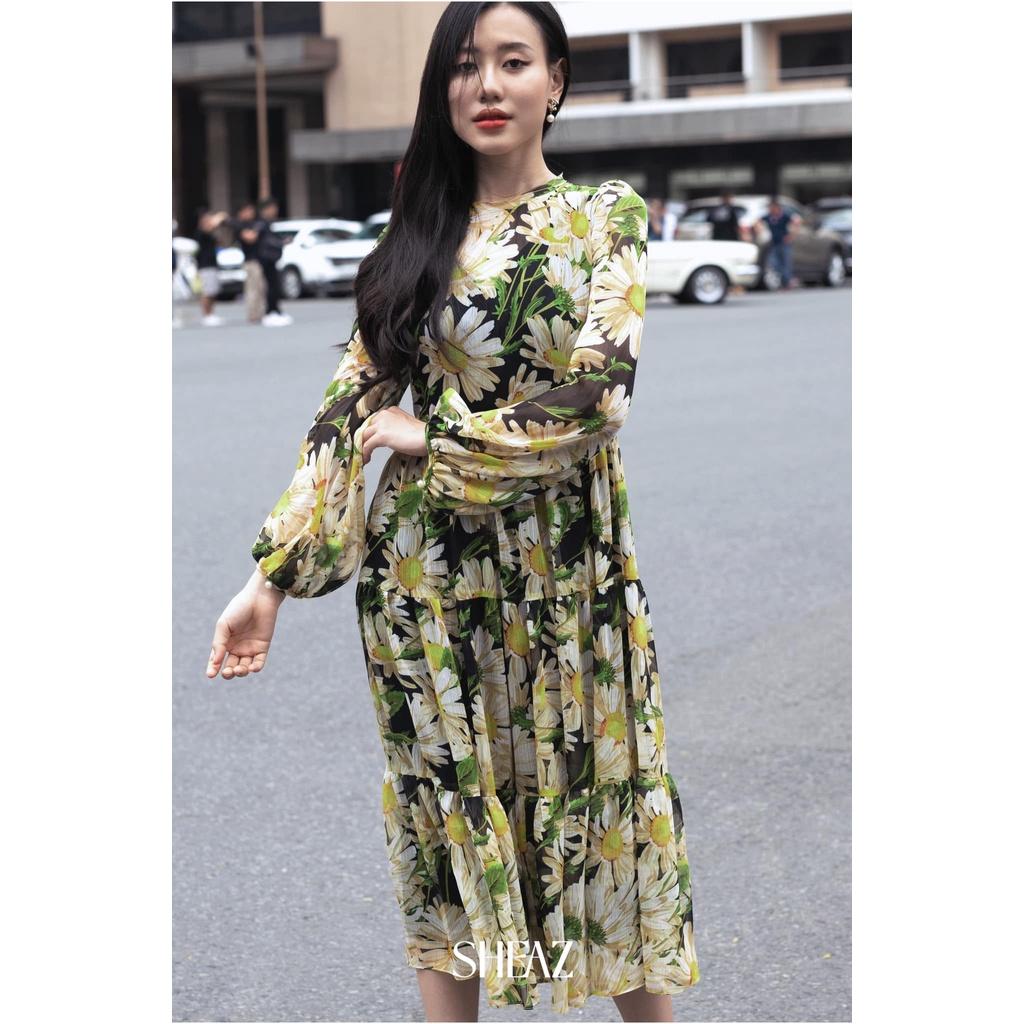 SHEAZ Đầm maxi hoa cúc vàng, tơ cao cấp, tay bồng, phong cách Hàn Quốc