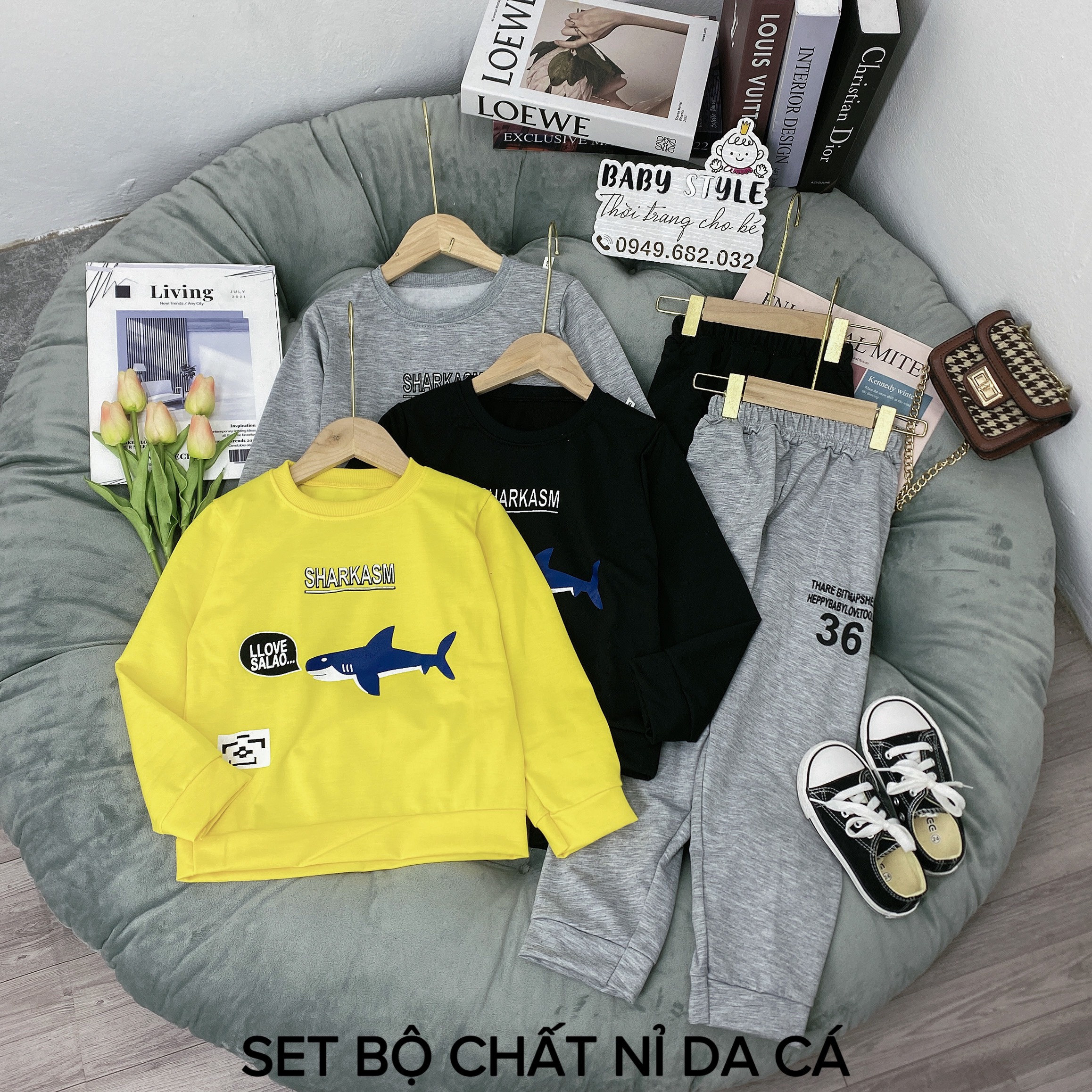 Bộ quần áo thu đông "CCÁ MẬPP" 14-45kg cho bé trai 4-14 tuổi. Dày dặn, ấm áp. Hàng may kỹ, form đẹp. B25 B26