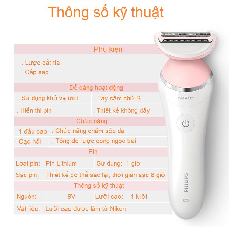 Máy làm sạch lông khô và ướt dùng cho nữ nhãn hiệu Philips BRL140 - Hàng Nhập Khẩu