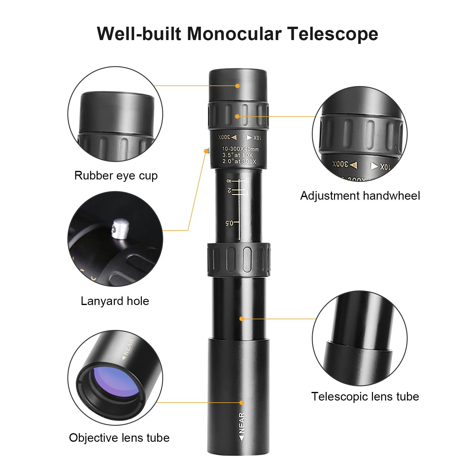 10X-300X Monocular Telescope Compact Waterproof Telescope with FMC Lens BAK4 Prism Carrying Bag Lanyard for Concert Ball