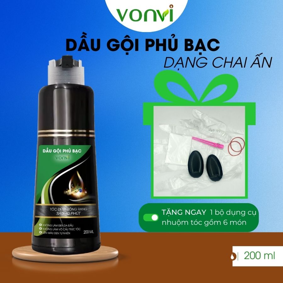 Dầu gội đen tóc VONVI tóc đen tự nhiên sau 10 phút tự phủ bạc dạng chai ấn 200 ml