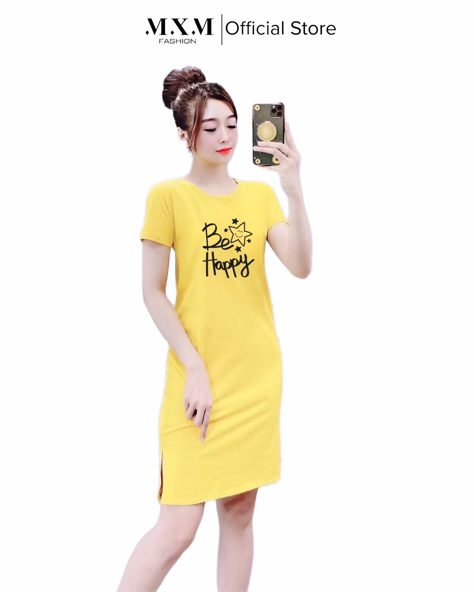 Đầm thun dáng suông xẻ tà mặc nhà , đi chơi in chữ Be Happy thun cotton 4 chiều từ 40-55kg ( D163 )