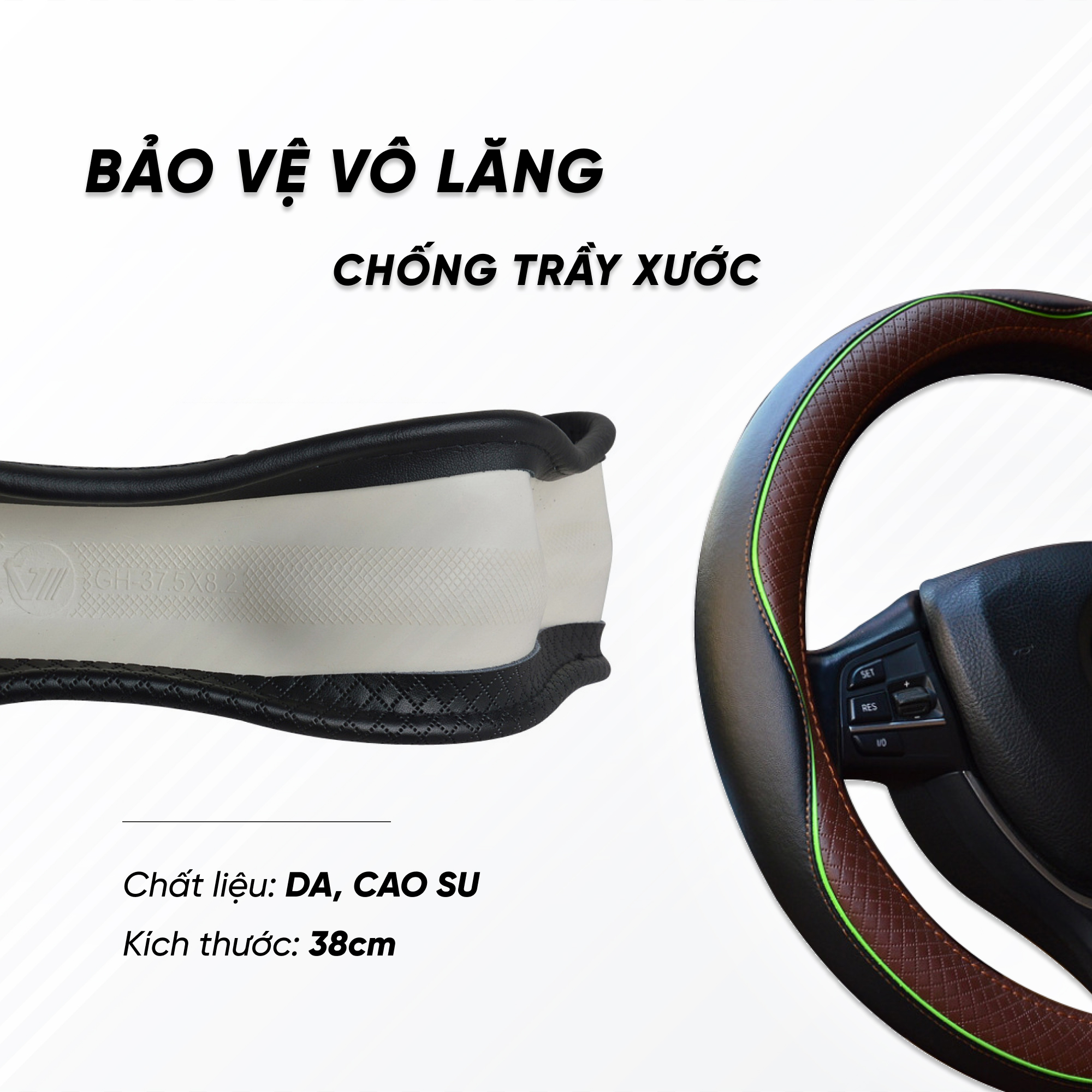 Bọc Vô Lăng Da Cao Cấp Kích Thước 38cm Dành Cho Xe 4, 5, 7 Chỗ | Sử Dụng Da Cao Cấp, Lót Cao Su Chống Trượt, An Toàn