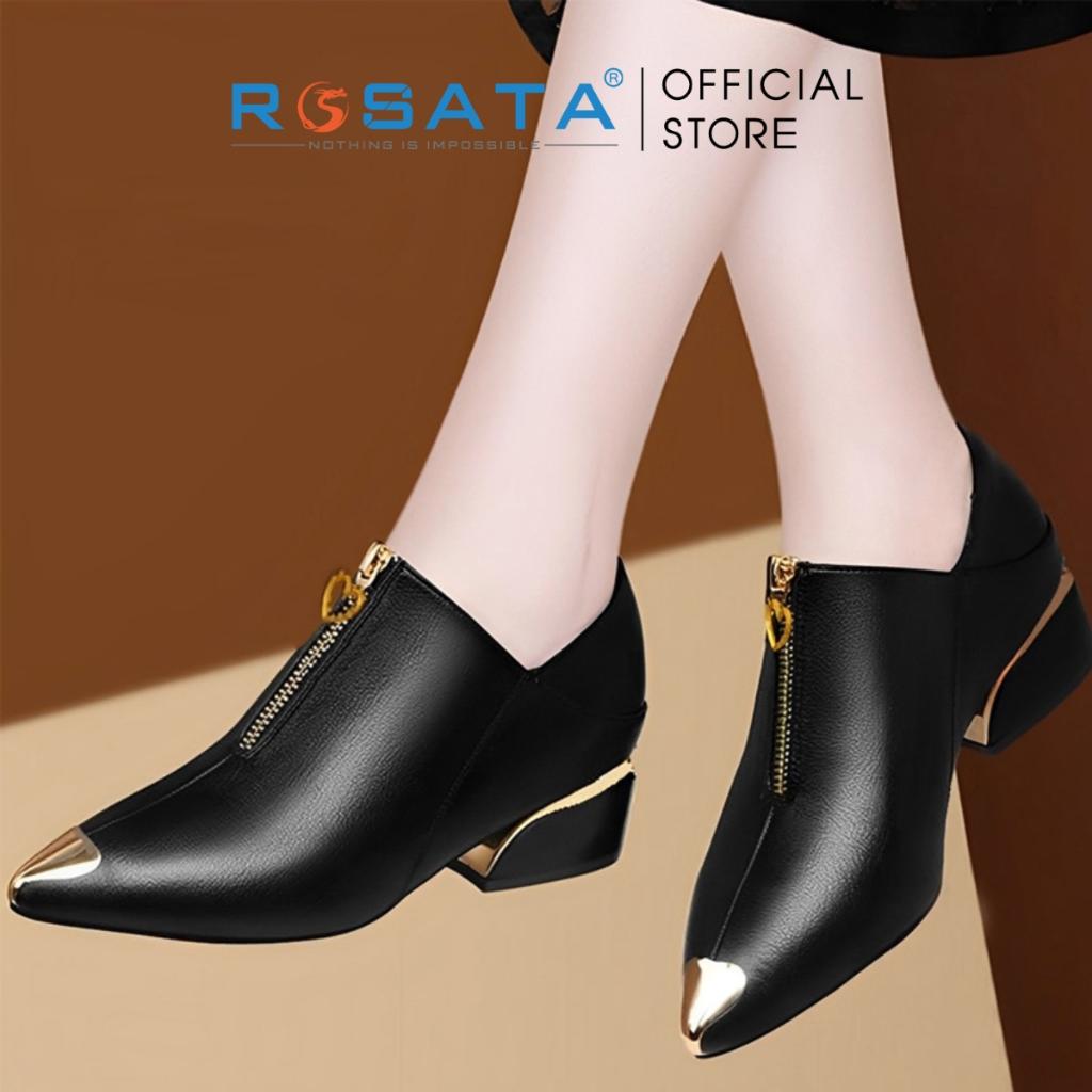 Giày bốt nữ ROSATA RO305 cổ thấp mũi nhọn họa tiết khóa kéo dọc chân viền vàng gót cao 4cm xuất xứ Việt Nam - Kem