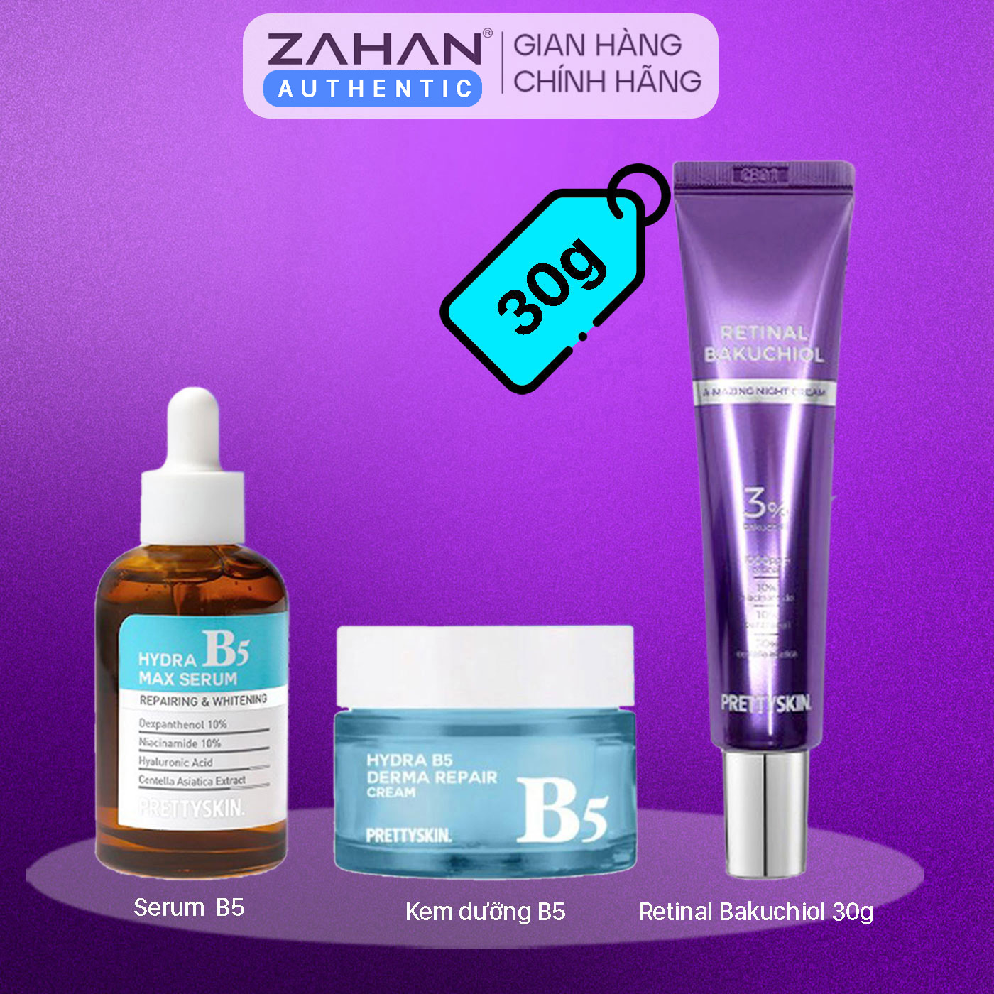 Combo Kem dưỡng Retinal Bakuchiol 30g, serum B5 50ml, kem dưỡng B5 Prettyskin 52ml