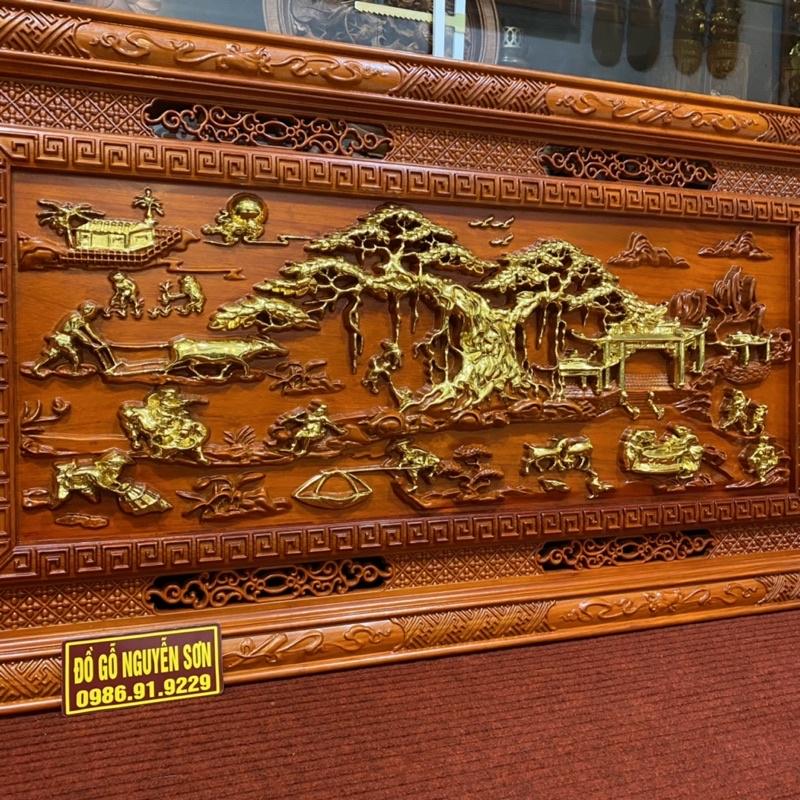 Tranh đồng quê gỗ hương dát vàng Đài Loan 24k ,khung ván dày 4cm