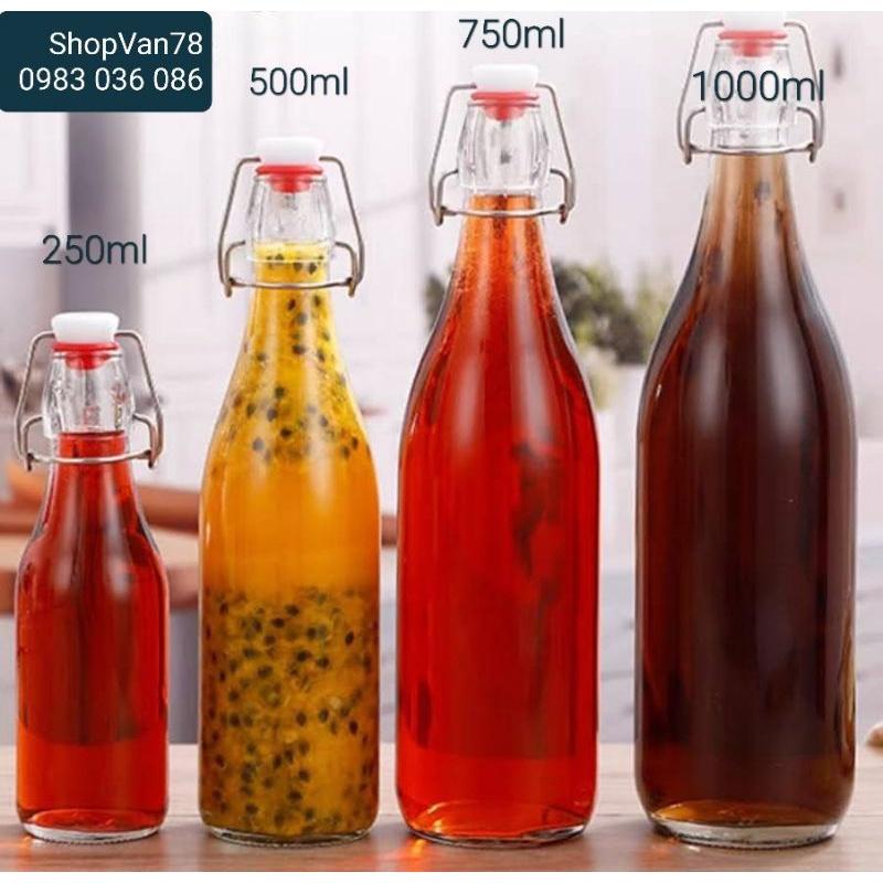 Chai thủy tinh tròn nắp gài Inox (250ml/500ml/750ml/1000ml)