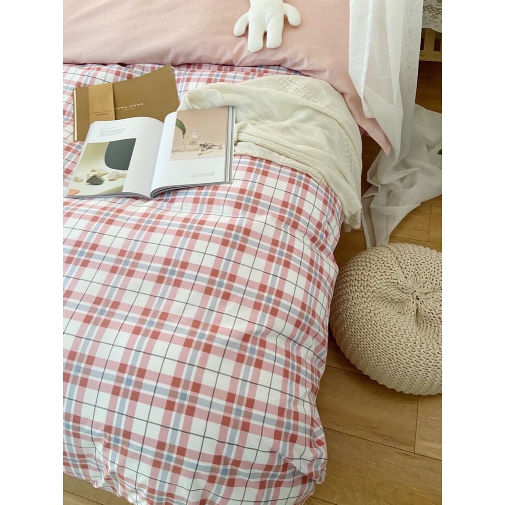 Bộ chăn ga Cotton Poly M2T bedding chăn ga Hàn Quốc họa tiết kẻ đỏ kép đủ size miễn phí bo chun