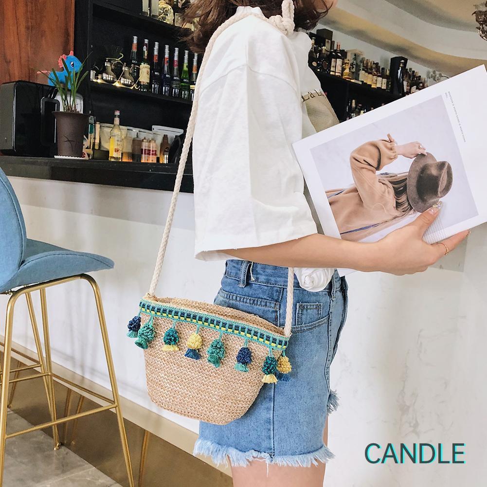 Túi Cói Đeo Chéo Phối Tua Rua Thời Trang Cho Nữ