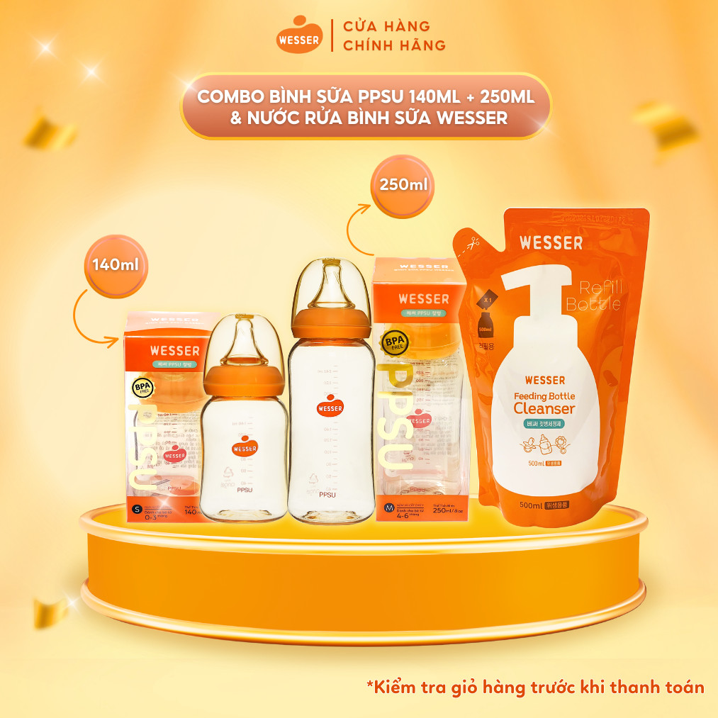 Combo 2 bình sữa Wesser PPSU ( 140ml + 250ml) + 1 Nước rửa bình sữa gói Wesser