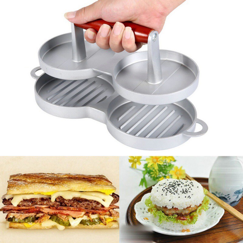 Khuân Đôi Ép Thịt Làm Bánh Hamburger Tay Cầm Cán Gỗ