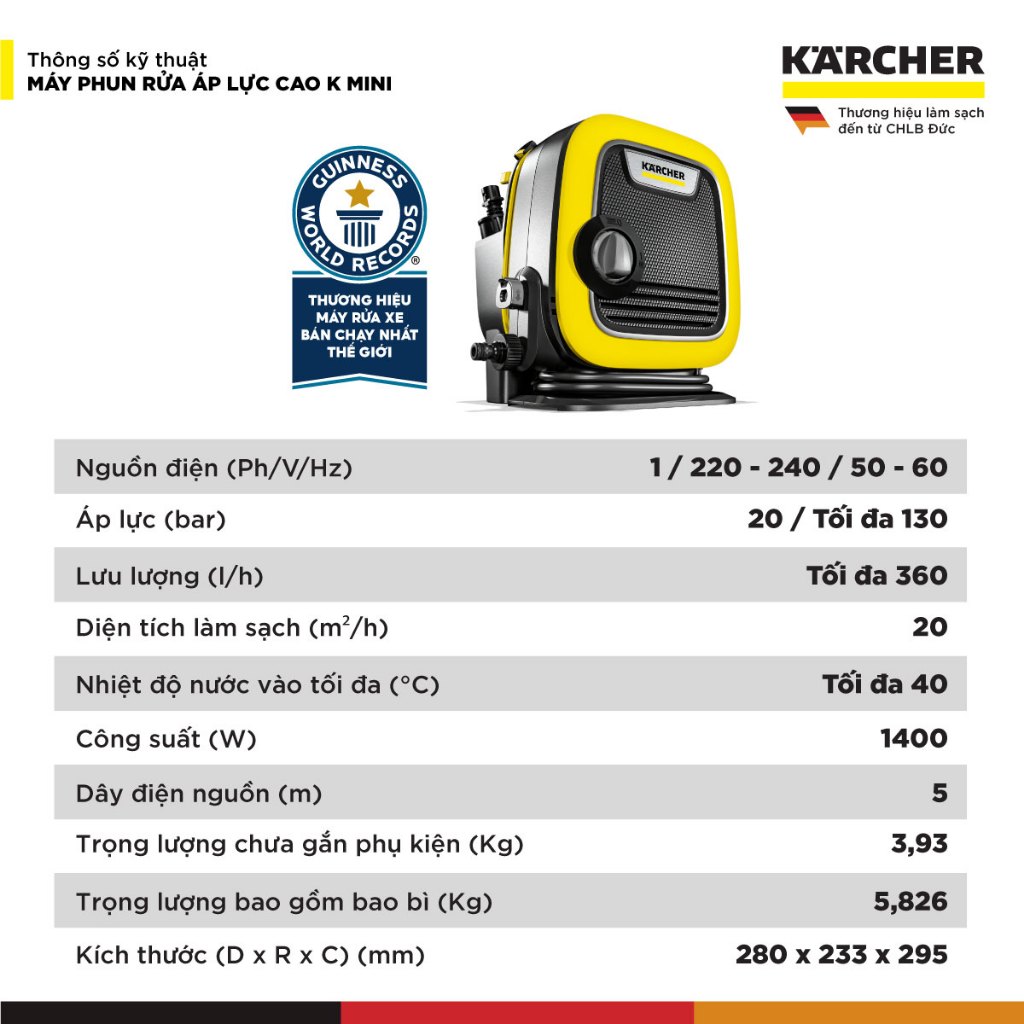(Mới 2025) Máy phun rửa áp lực cao Karcher K Mini - Công suất 1400W, áp lực tối đa 110 bar nhỏ gọn - Bảo hành 24 tháng - Hàng Chính Hãng