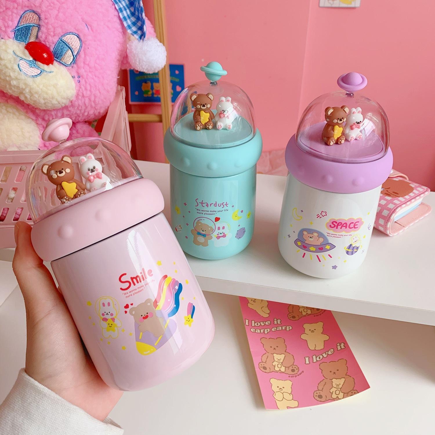 Ins Hoạt Hình Dễ Thương Kawaii Bình Giữ Nhiệt Thép Không Gỉ 304 Gấu Khủng Long Kid Sinh Viên Cách Nhiệt Tumbler 350Ml Chân Không Bình