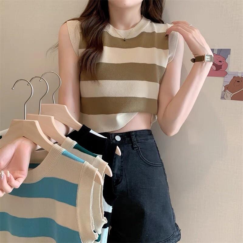Áo len nữ Montoghi dệt kim Quảng Châu 3 LỖ kẻ sọc BẢN TO dáng lửng loại 1 siêu dễ thương