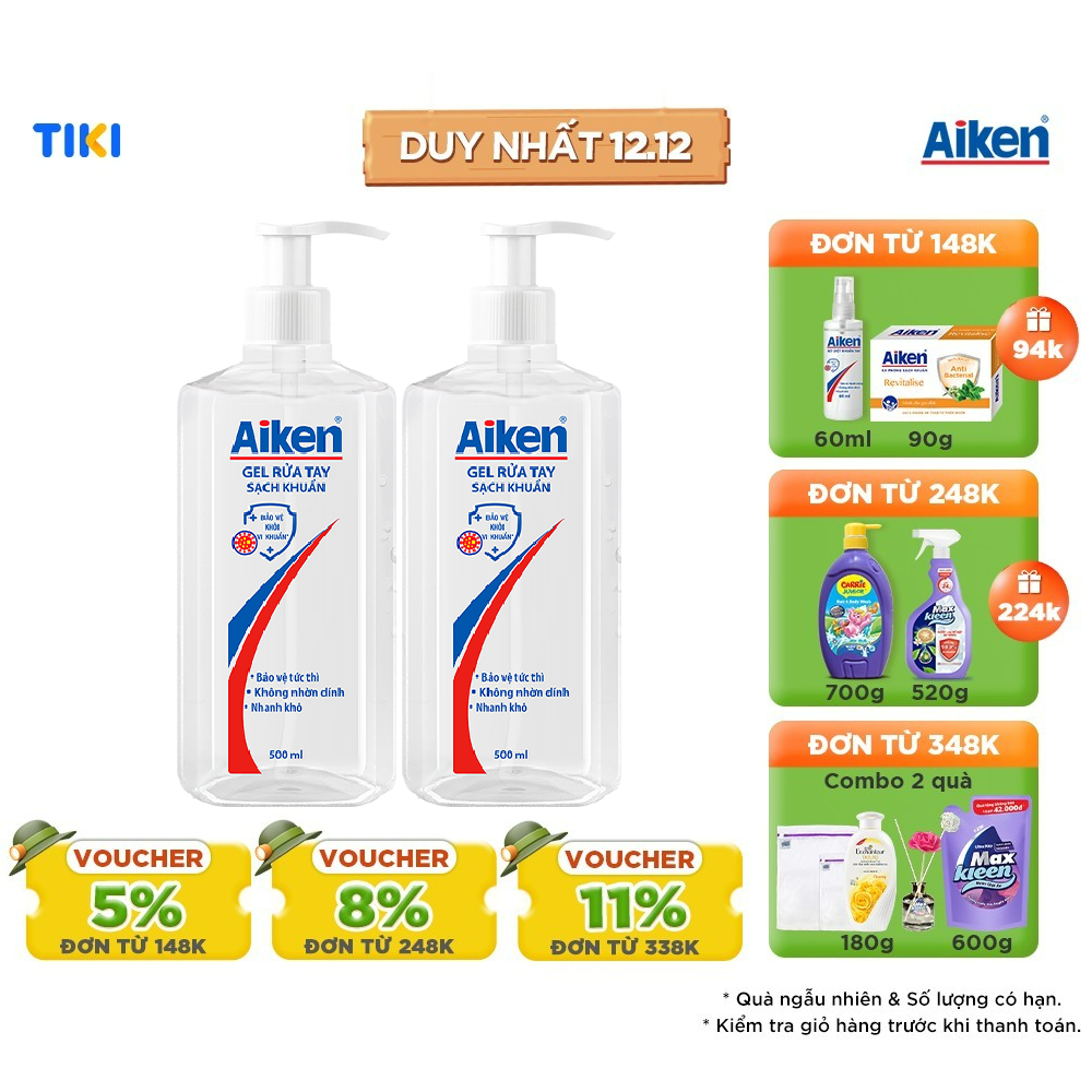 Aiken Combo 2 Gel Rửa Tay Sạch Khuẩn 500ml/chai dạng vòi