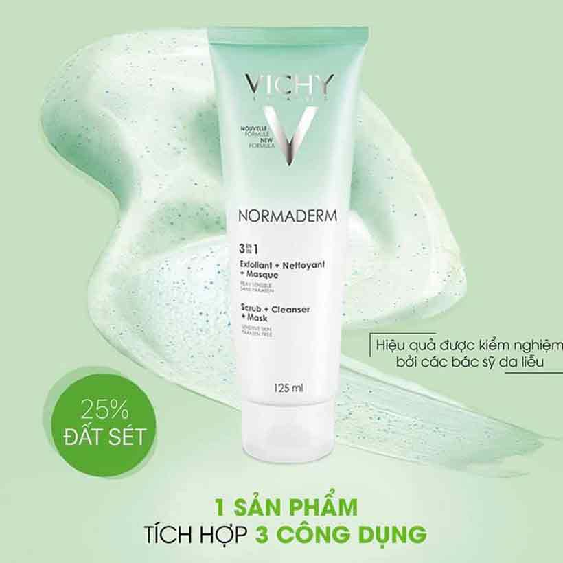 Kem Rửa Mặt Tẩy Tế Bào Chết Ngừa Mụn Kiêm Mặt Nạ Thanh Lọc Vichy Normaderm 3in1 Scrub + Cleanser + Mask 125ml