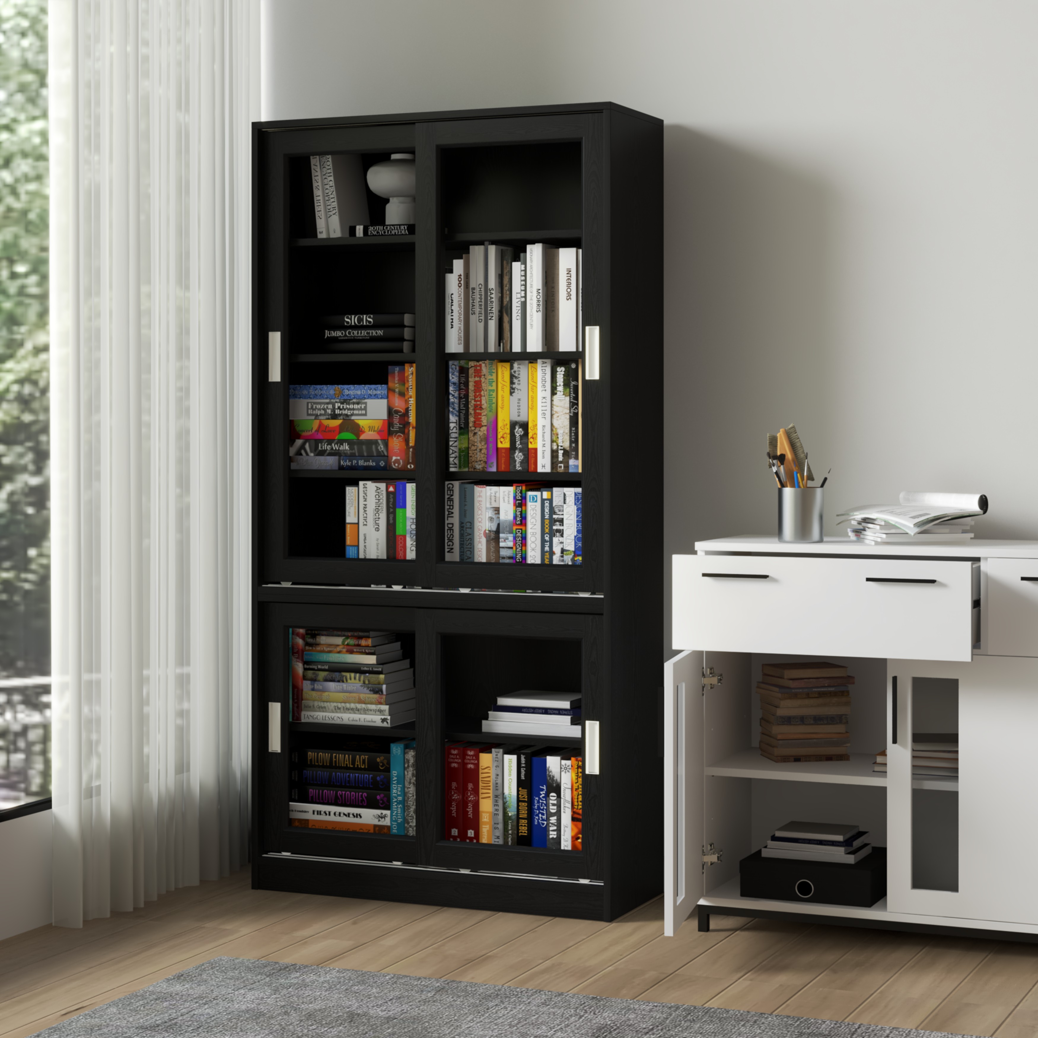 [Happy Home Furniture] LUCA, Tủ sách 4 cánh lùa, 90cm x 35cm x 180cm ( DxRxC), TCL_012