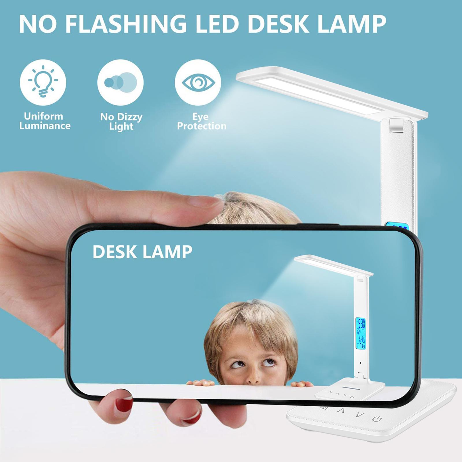 QI Wireless Charging LED Desk Lamp with Calendar Temperature Clock LCD Display Eye Protect Reading Light Table Lamp