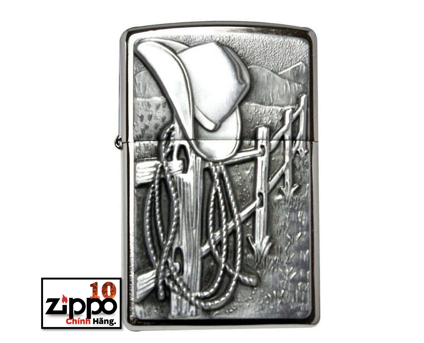 Bật lửa Zippo 24879 Cowboy Hat and Rope Emblem Brushed Chrome - Chính hãng 100%