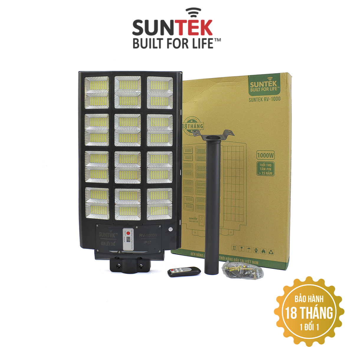 Đèn Đường Liền Thể Năng Lượng Mặt Trời SUNTEK RV-1000W - Sáng suốt đêm  | Tự động Bật/Tắt | Điều khiển Từ Xa | Chống Nước/Bụi/Sét | Tuổi thọ bóng LED 50.000 giờ - Hàng Chính Hãng - Bảo hành 18 tháng 1 đổi 1