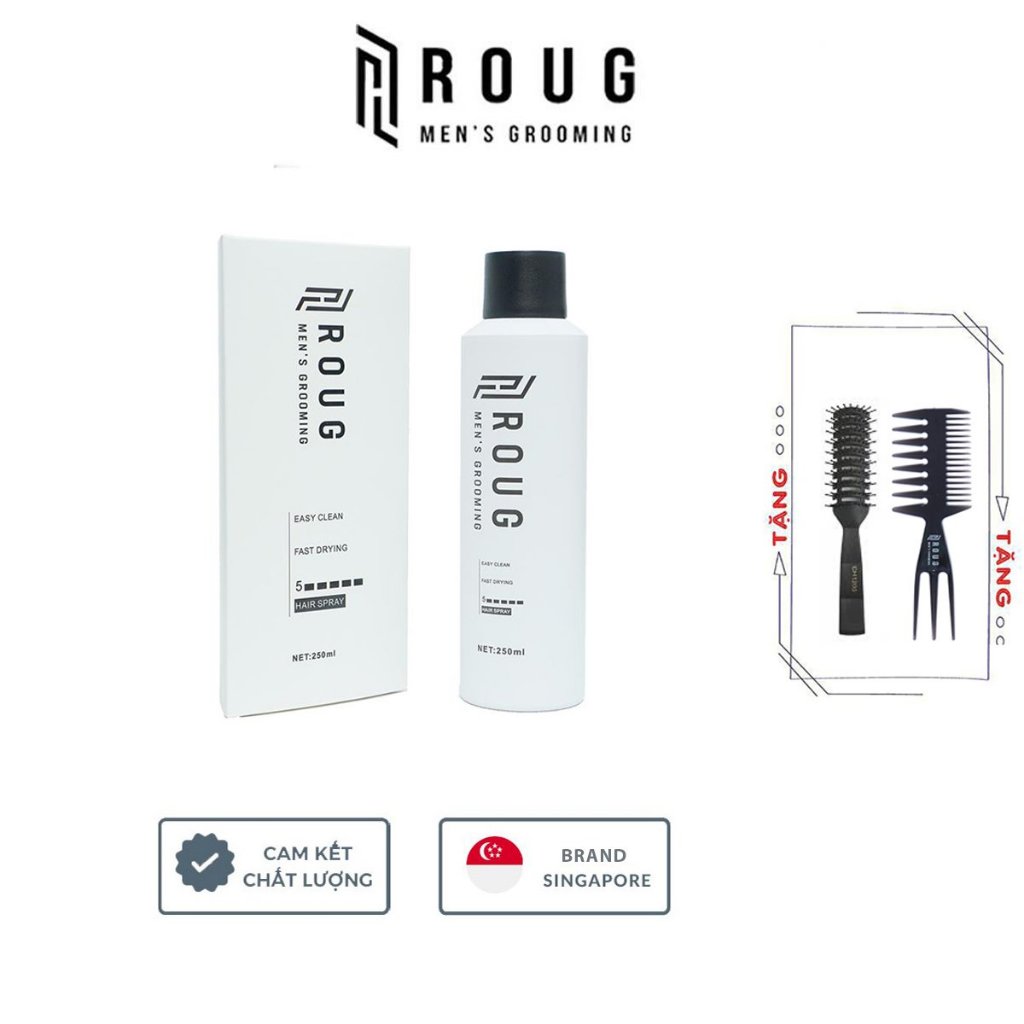 Gôm xịt tóc nam nữ Roug Hair Spray 250ml cao cấp Singapore + Tặng lược Texture Roug Men's Grooming và Lược sấy Chaoba