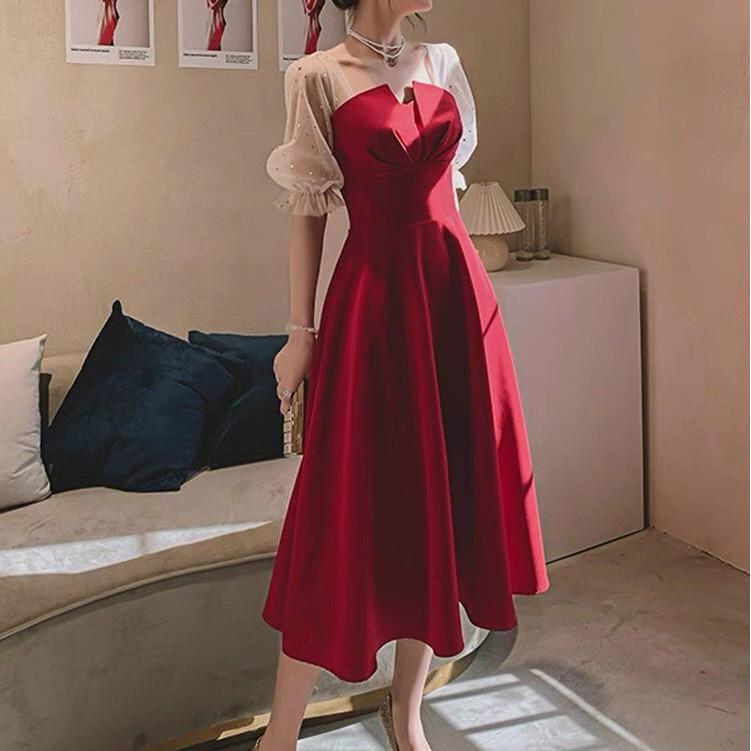 Đầm nữ dự tiệc cổ vuông tay ngắn phối ren màu đỏ đen dịp lễ tết nhẹ nhàng