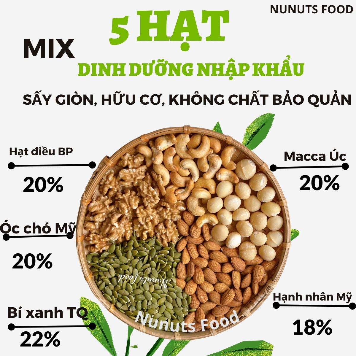 Mix hạt dinh dưỡng gồm 5 hạt tách vỏ ( macca Úc, hạnh nhân Mỹ, hạt điều BP, óc chó vàng Mỹ, hạt bí) nguyên vị, tẩm mật ong, làm sữa