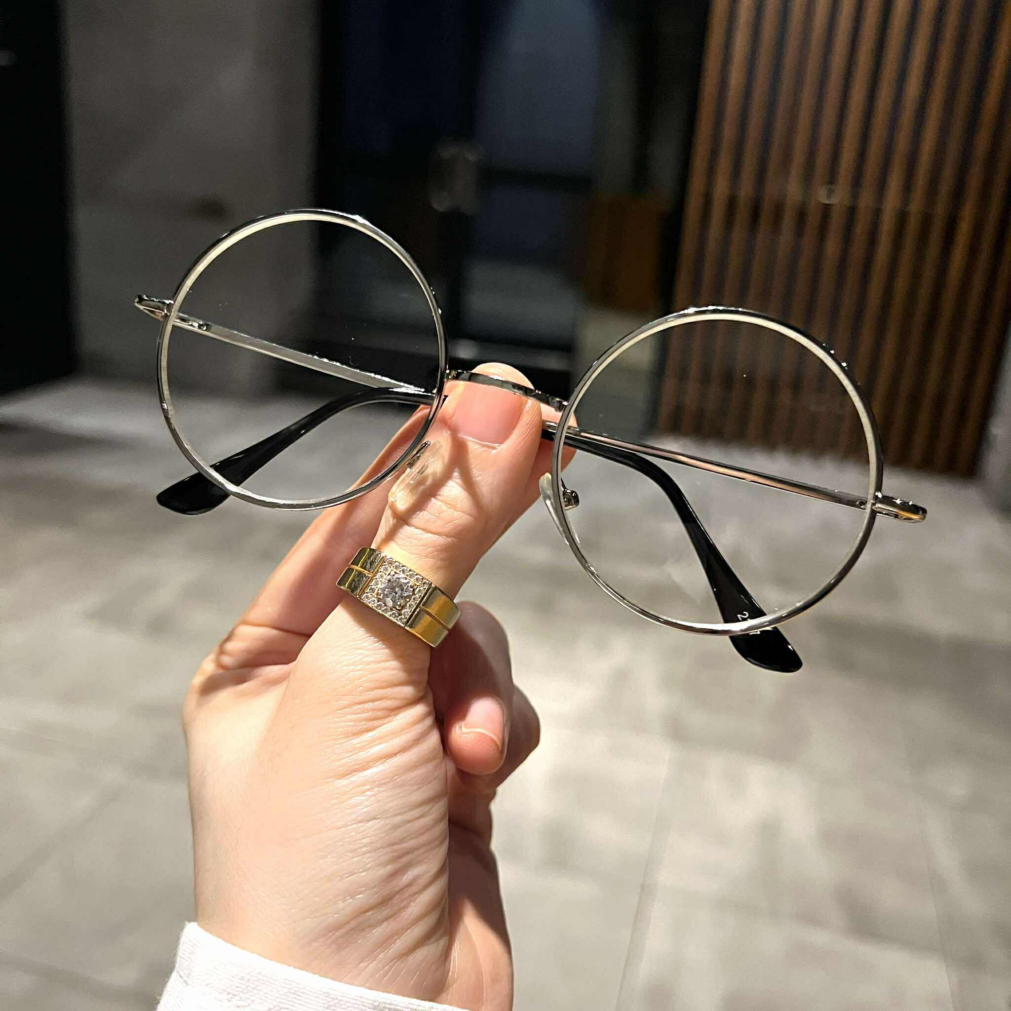 Kính thời trang nam nữ dáng Mắt tròn bản lề nhíp lò xo gọng kim loại bạc
