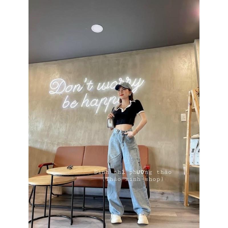 Quần baggy jeans ống rộng quần chất jeans có giãn -T