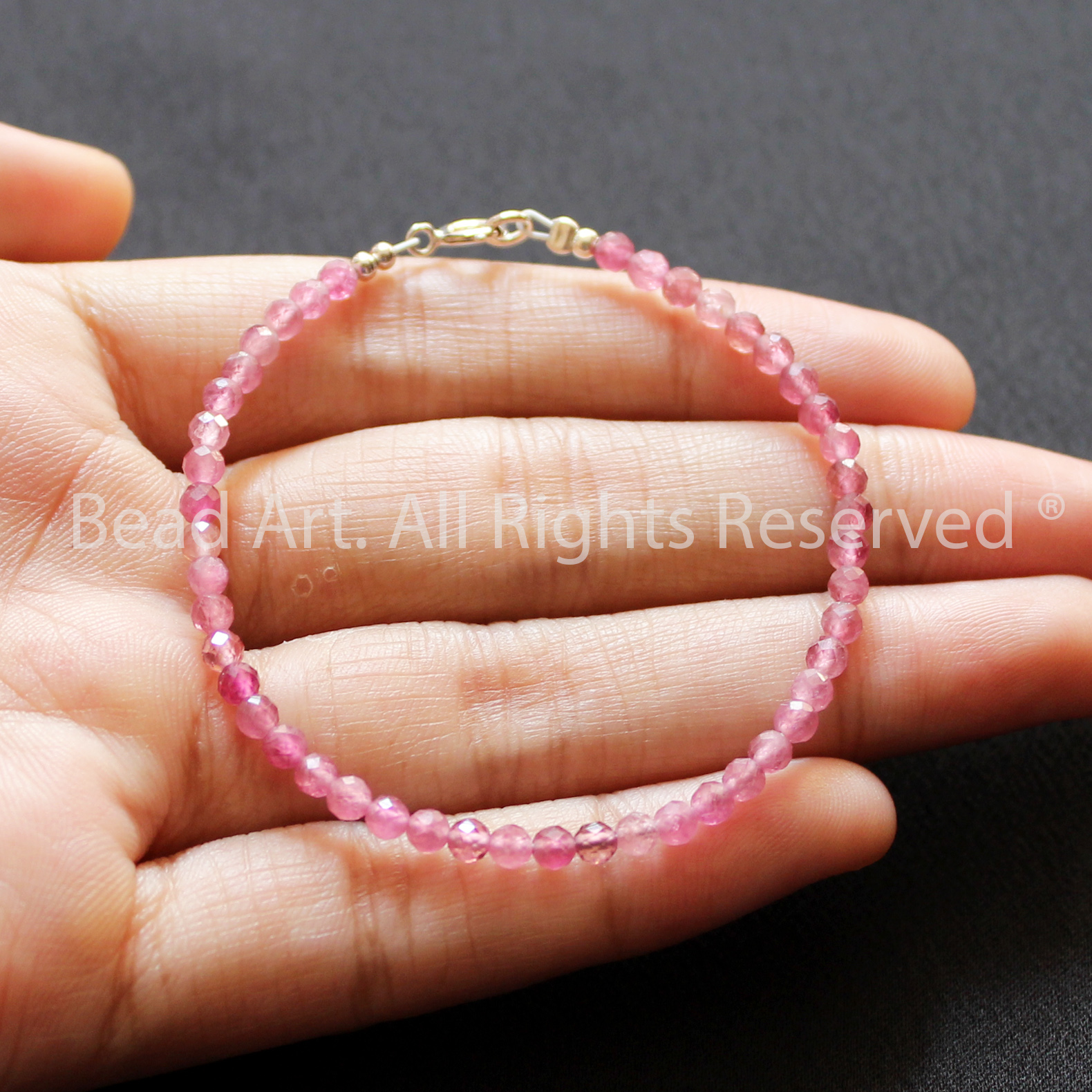 Vòng Tay 3MM Tourmaline Hồng Tự Nhiên Loại AAA Bạc 925, Mệnh Hoả, Thổ, Vòng Tay Phong Thuỷ, Lắc Tay - Bead Art