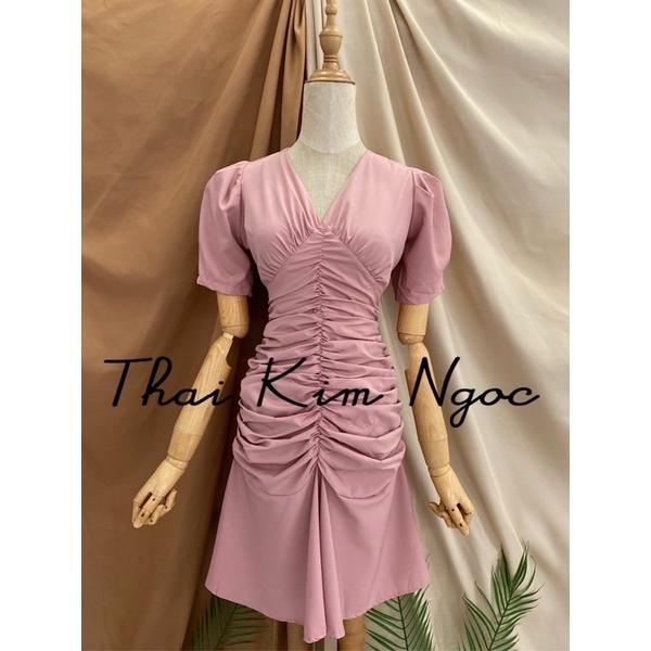 Đầm đuôi cá trắng cổ V nhún thân bèo
