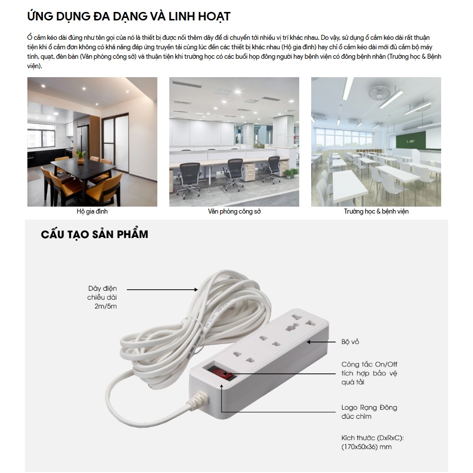 Ổ cắm điện Rạng Đông OC05 3C/10A dây dài 2m và 5m đa năng chịu tải tốt, chịu nhiệt an toàn - Hàng chính hãng