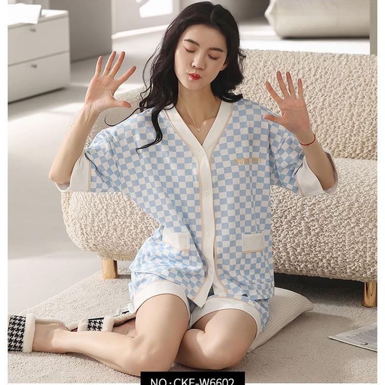 Bộ Pyjama Nữ Phối Viền Caro Dễ Thương, Set Ngủ Nữ Cộc Tay Ống Rộng 3 Màu Hàng Đẹp Cao Cấp