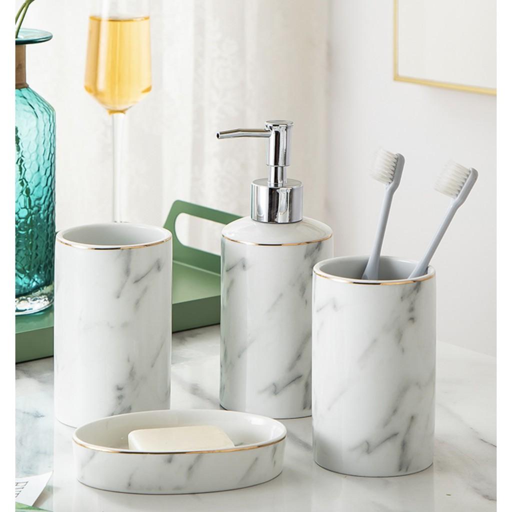 BỘ 4 DỤNG CỤ ĐỰNG GEL SỮA TẮM MARBLE WHITE 4PCS